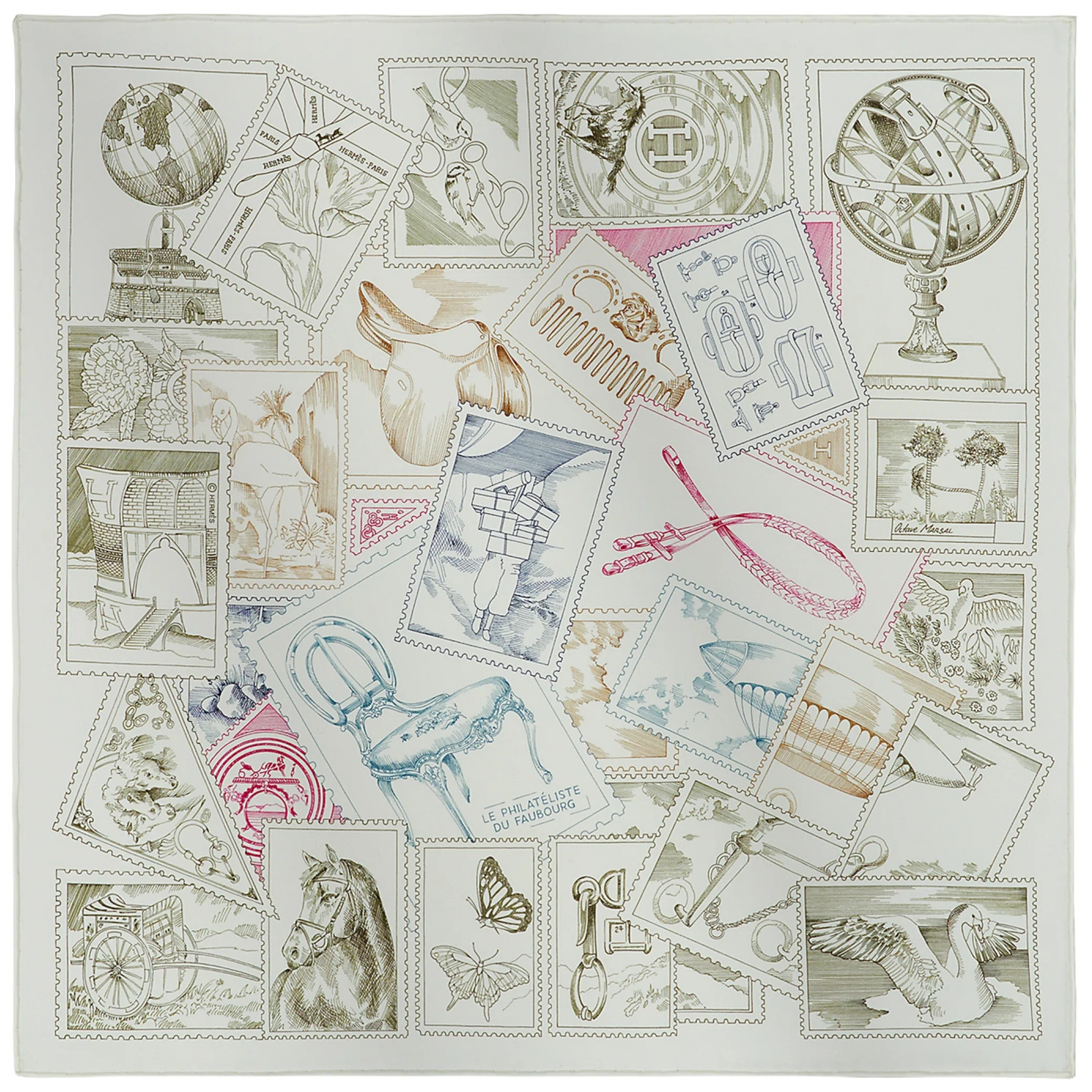 Платки Hermes Le Philateliste du Faubourg Detail Scarf 45 "Blanc / Fuchsia / Kaki" | Farsel