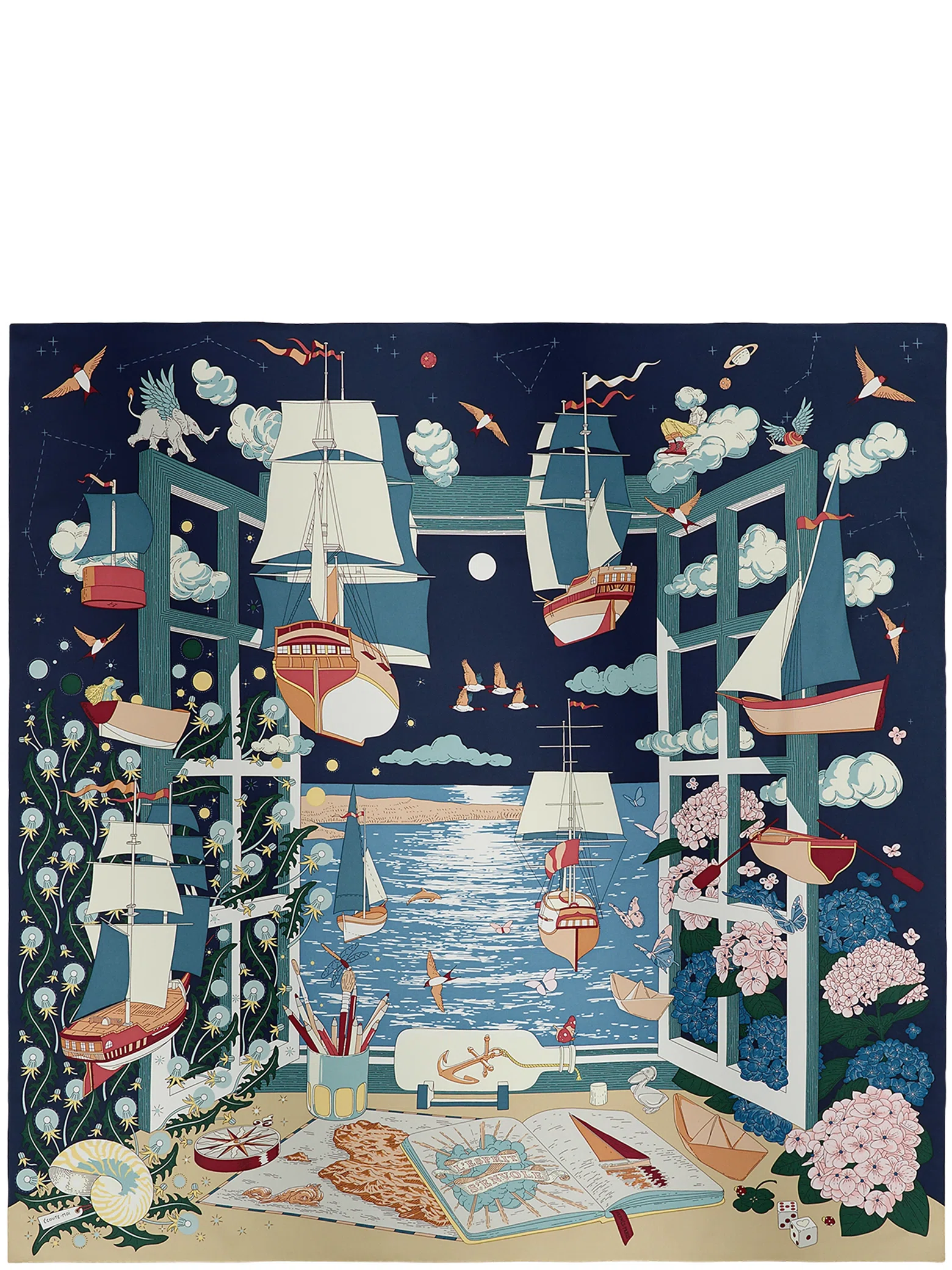 Платки Hermes L'Esprit s'Envole Scarf 90 "Bleu Marine / Vert / Crème" | Farsel