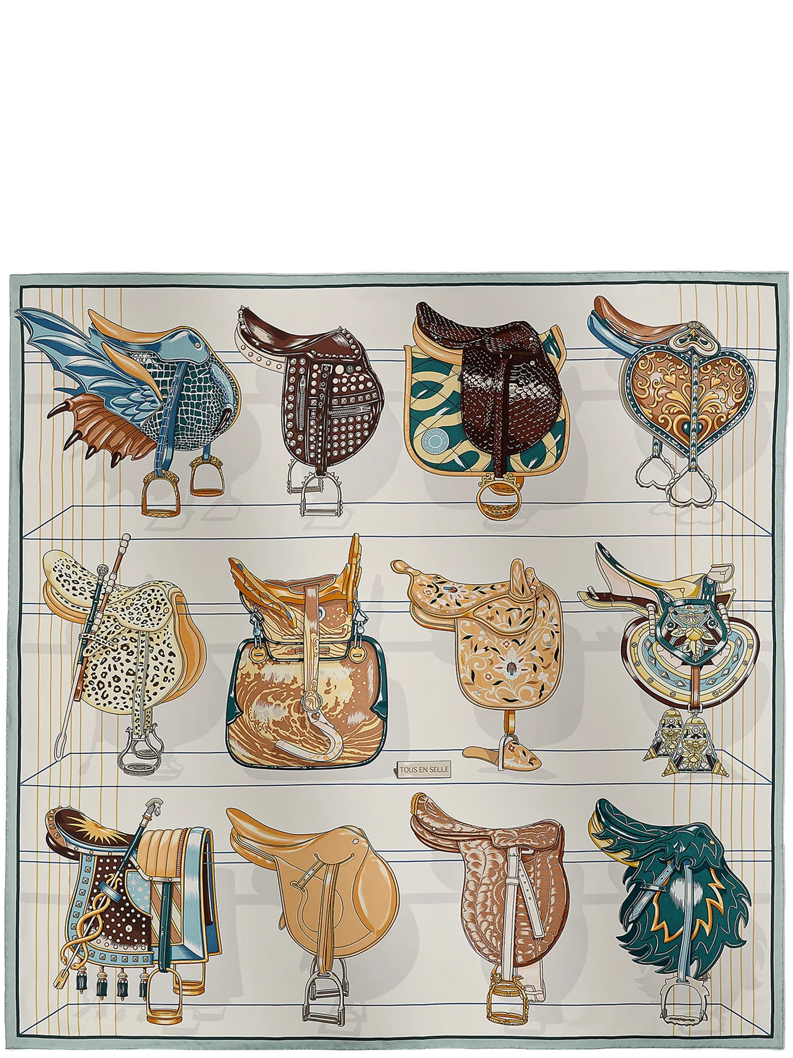 Платки Hermes Tous En Selle Scarf 90 "Gris Bleuté / Blanc / Beige Doré" | Farsel