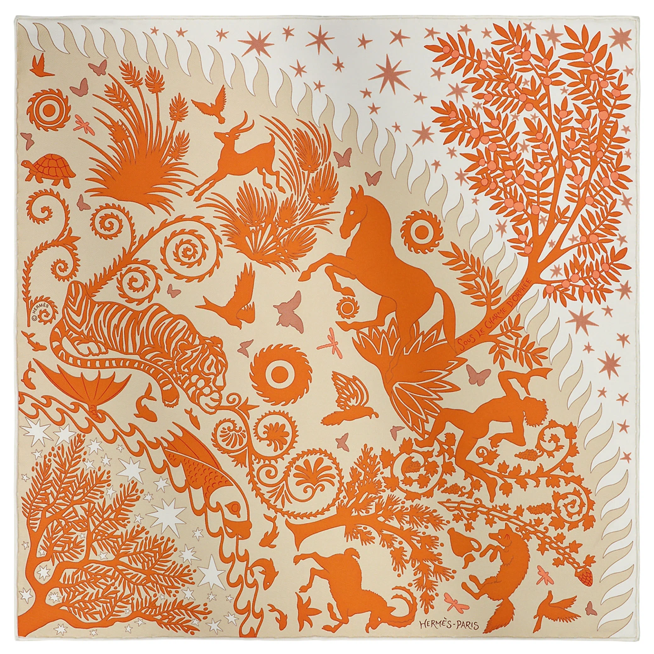 Платки Hermes Sous le Charme d'Orphee Detail scarf 45 "Blanc Cassé / Orange Cuit / Beige" | Farsel