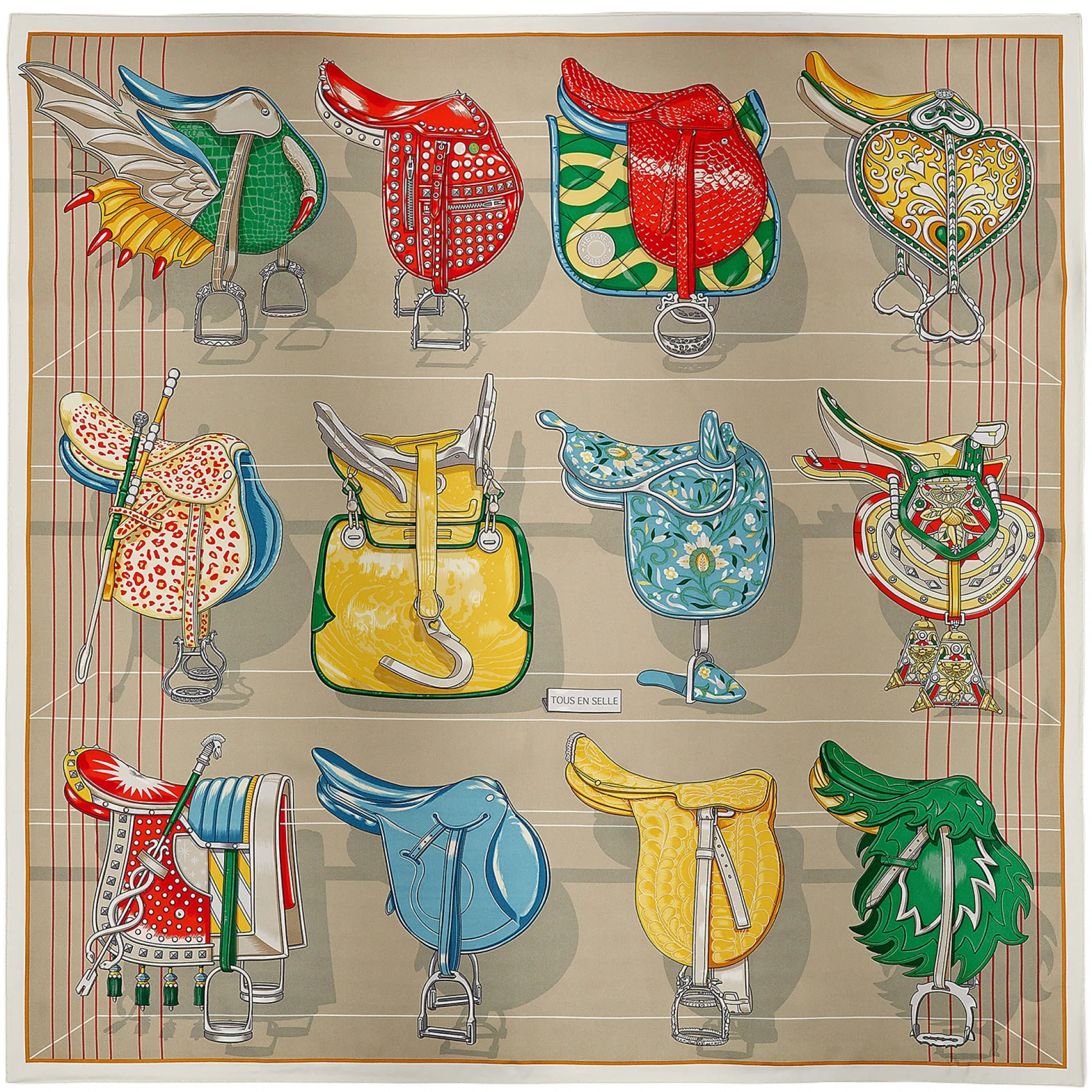 Платки Hermes Tous En Selle Scarf 90 "Blanc / Gris / Multicolore" | Farsel