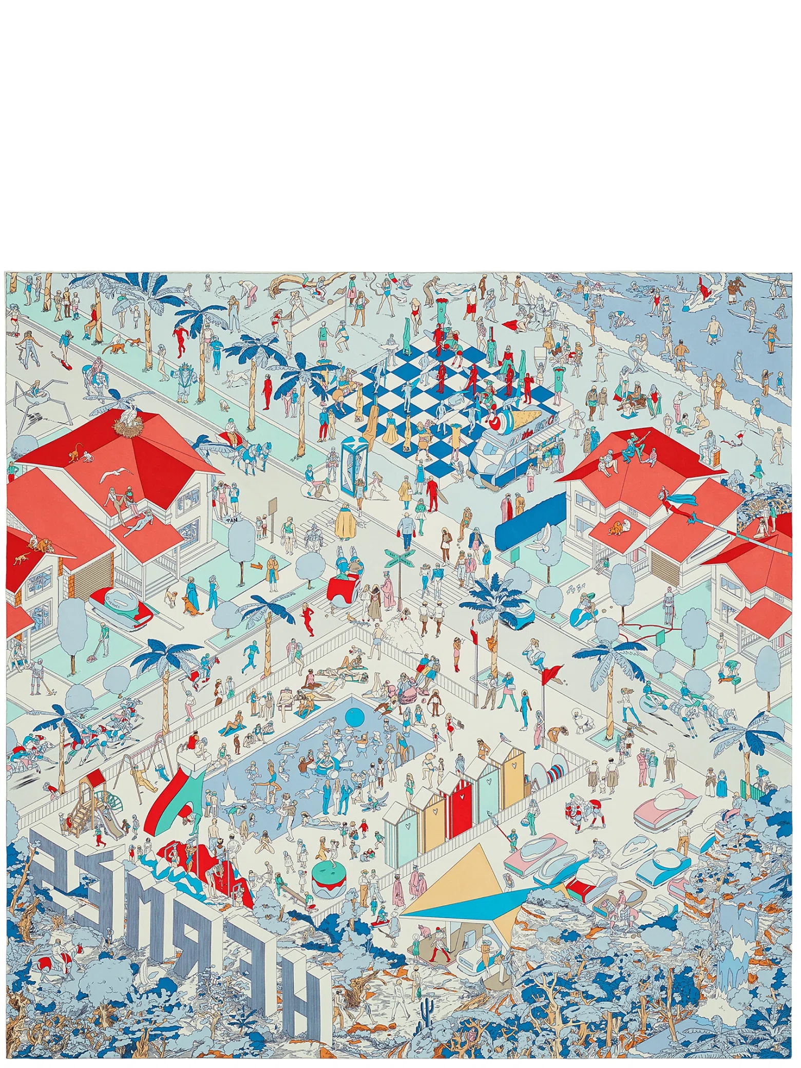 Платки Hermes Hermes On The Beach Scarf 90 "Gris Argent / Bleu / Grenadine" | Farsel