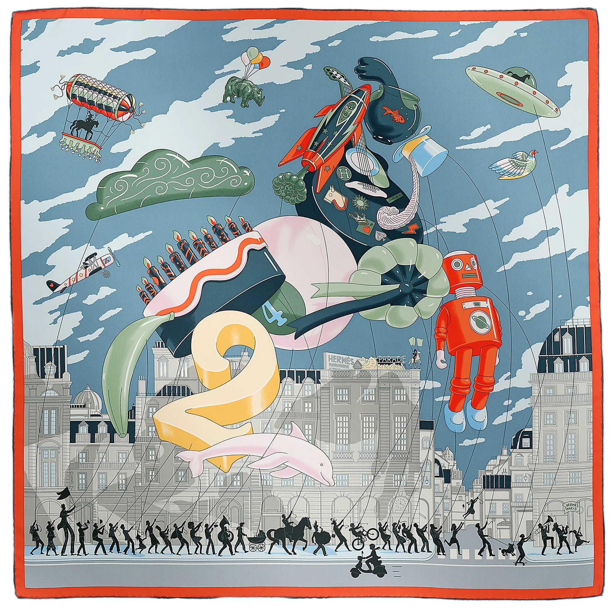 Платки Hermes Hermès Parade Scarf 90 "Gris Bleuté / Vert Amande / Orange" | Farsel