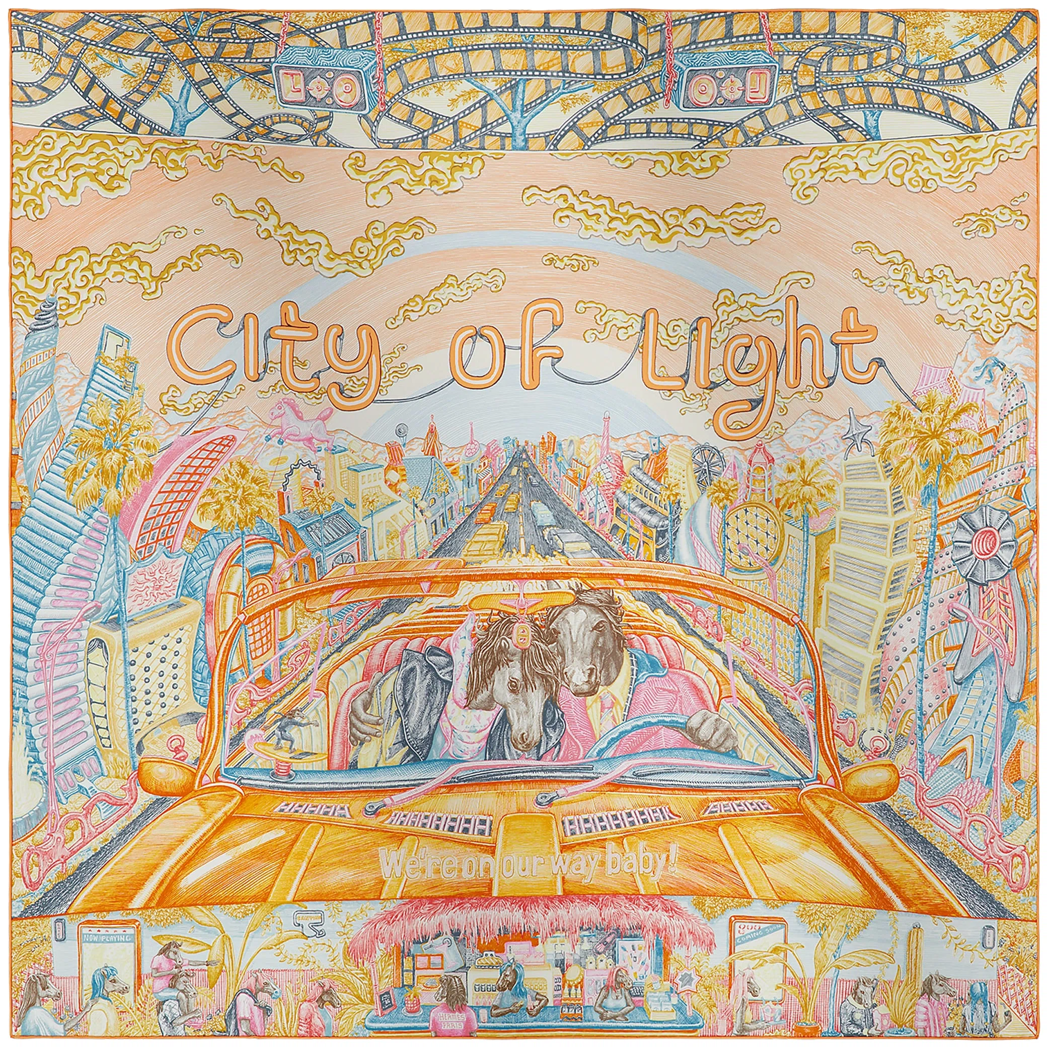 Платки Hermes City Of Light Scarf 90 "Orange / Pétrole / Vieux Rose" | Farsel