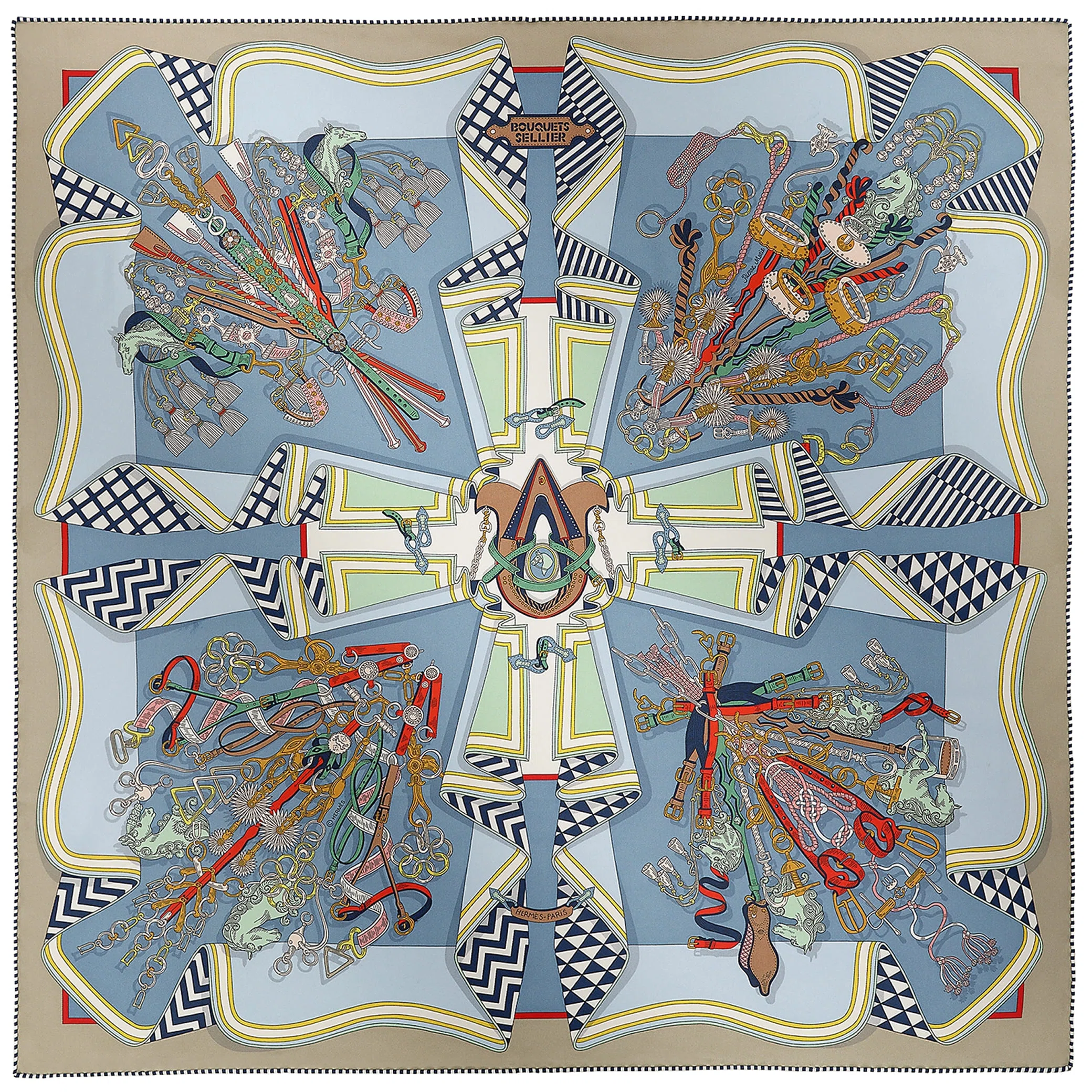 Платки Hermes Bouquets Sellier Scarf 70 "Mastic / Bleu / Vert d'Eau" | Farsel