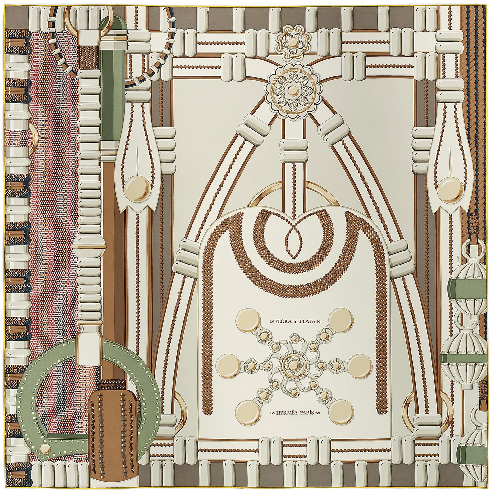 Платки Hermes Flora Y Plata Scarf 90 "Crème / Etoupe / Kaki" | Farsel