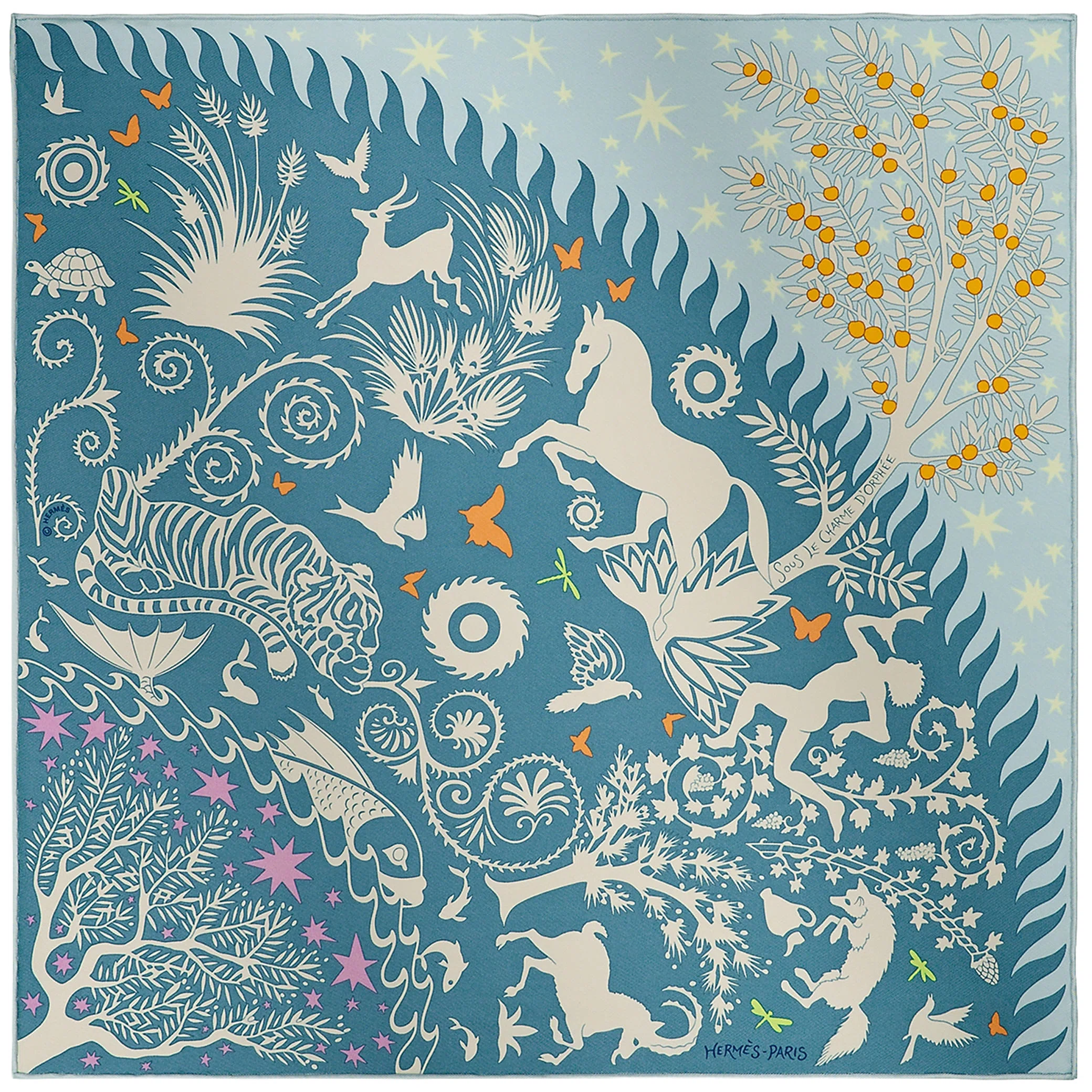 Платки Hermes Sous le Charme D'Orphee Detail Scarf 45 "Ciel / Bleu Jean / Bouton D'or" | Farsel