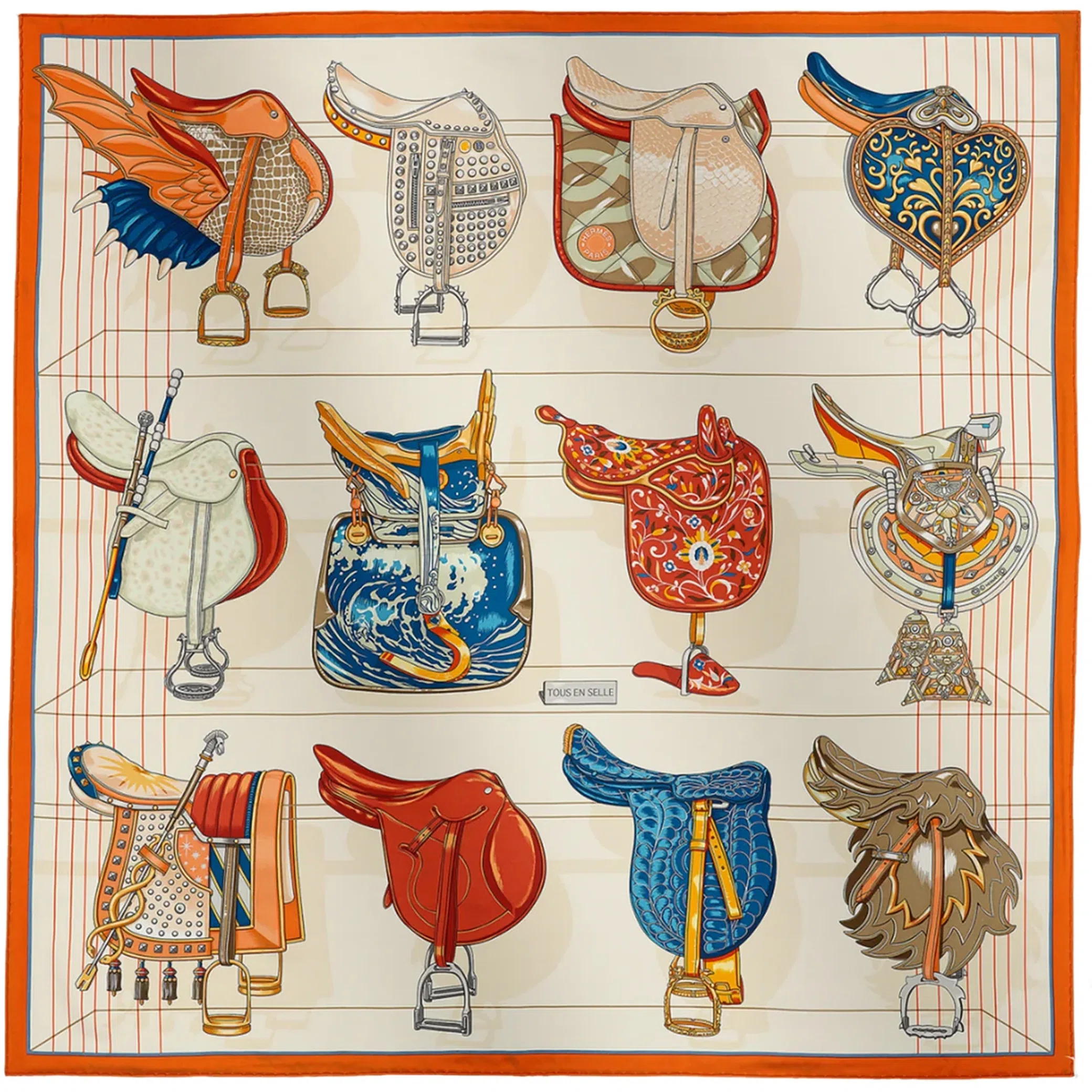 Платки Hermes Tous En Selle Scarf 90 "Orange Cuit / Crème / Bleu" | Farsel