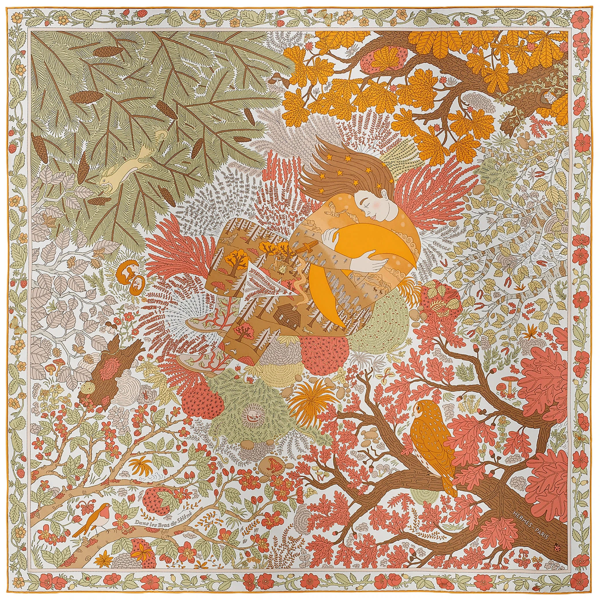 Платки Hermes Dans les Bras de Selene Scarf 90 "Vert Amande / Bouton d'Or / Blanc" | Farsel