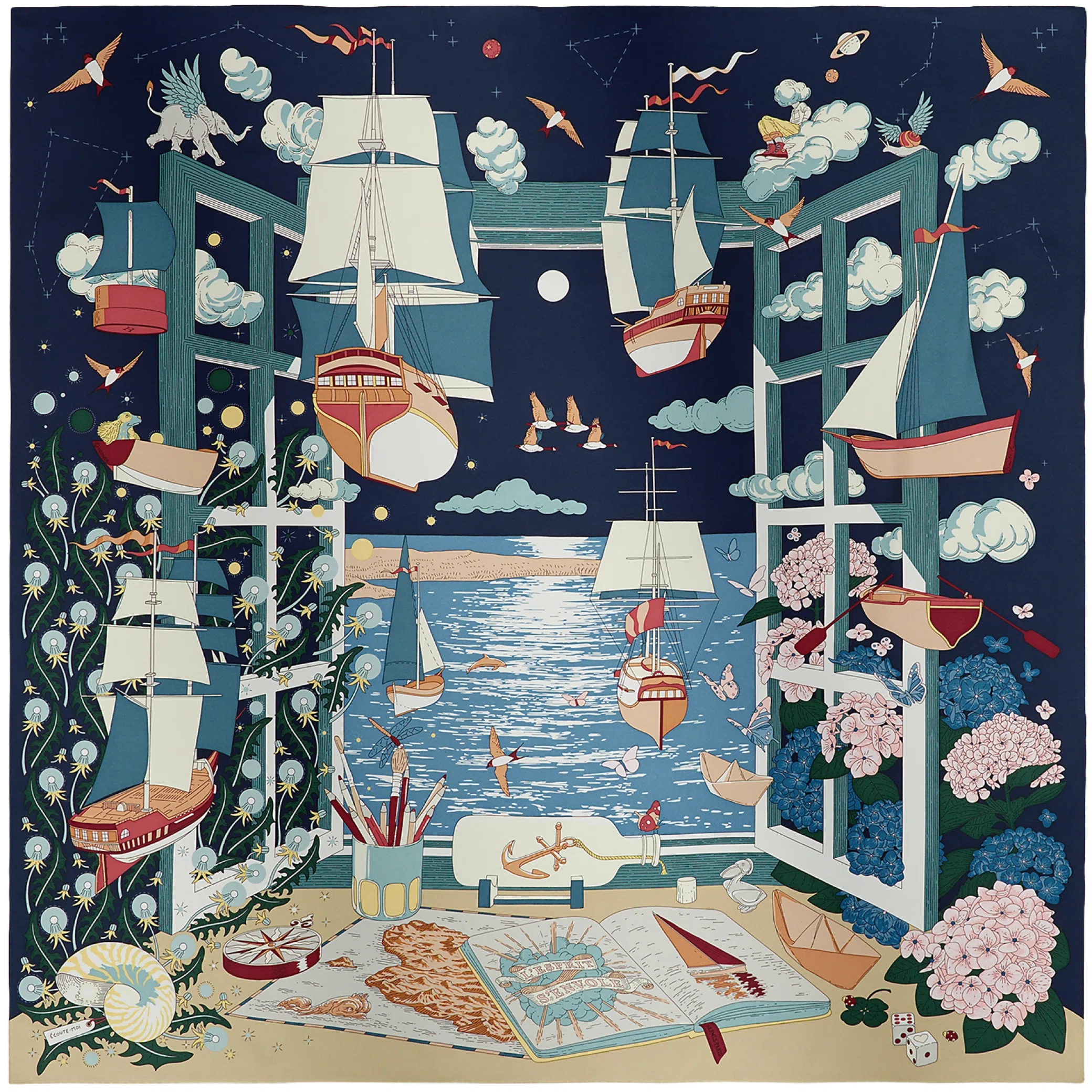 Платки Hermes L'Esprit s'Envole Scarf 90 "Bleu Marine / Vert / Crème" | Farsel