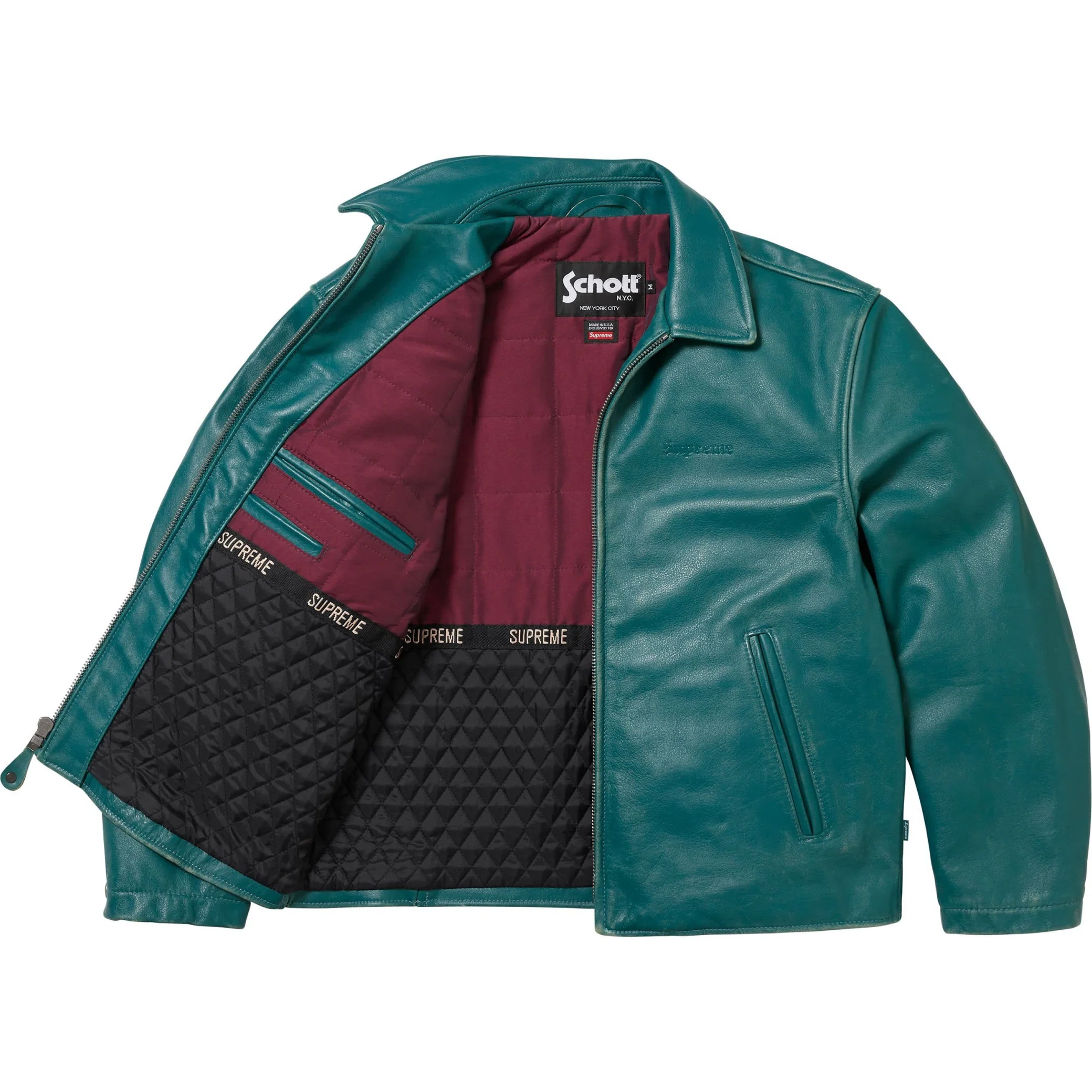  Supreme FW25 Schott Leather Racer Jacket "Teal" | Farsel