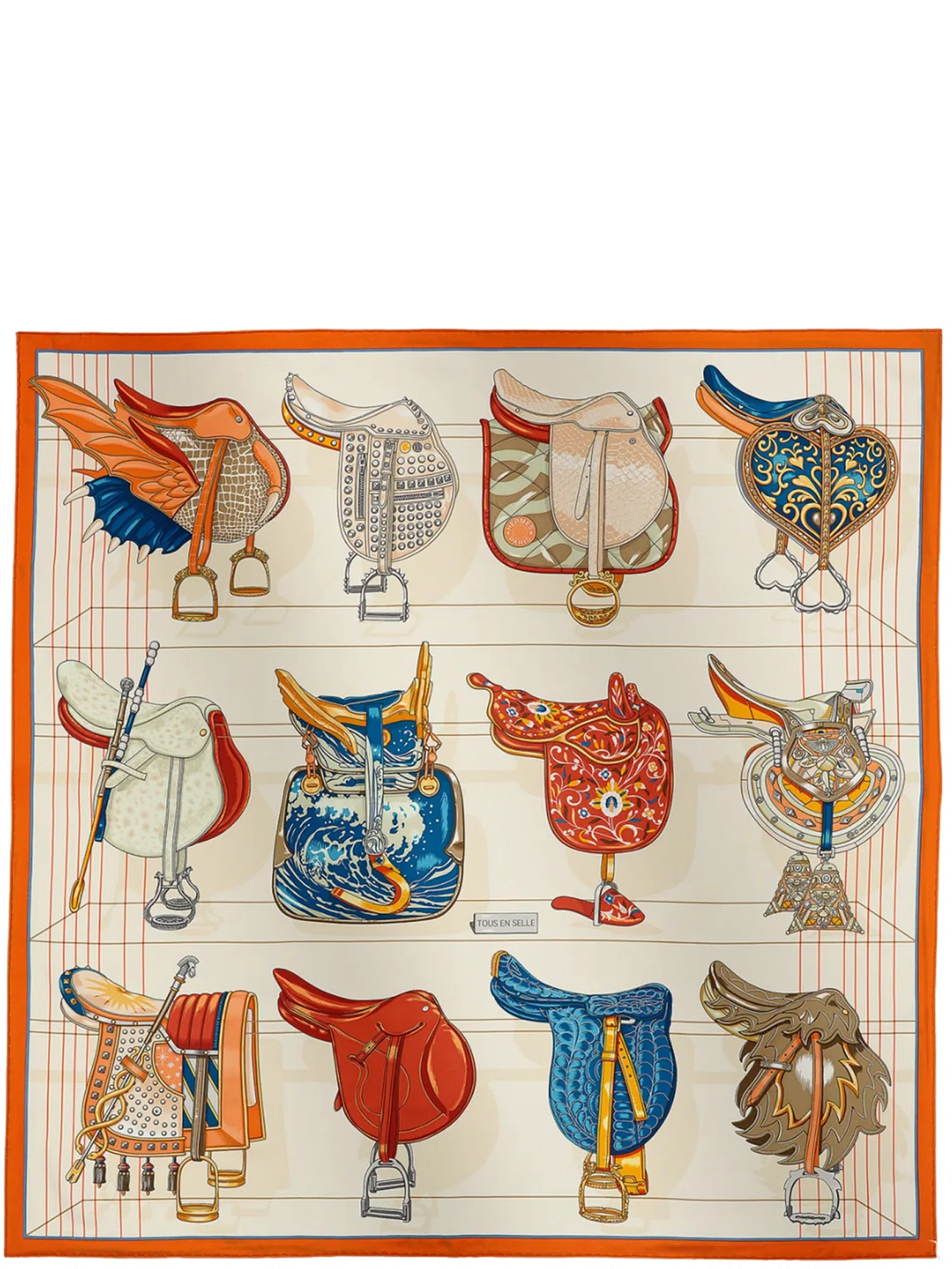 Платки Hermes Tous En Selle Scarf 90 "Orange Cuit / Crème / Bleu" | Farsel