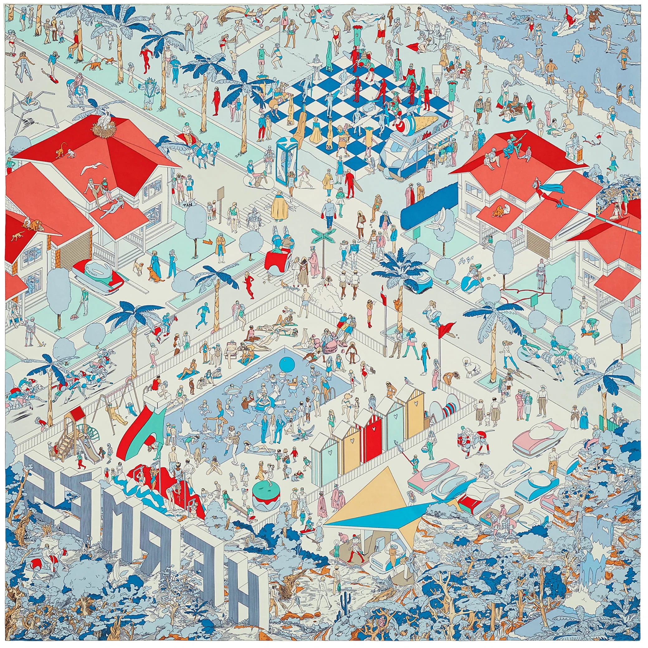 Платки Hermes Hermes On The Beach Scarf 90 "Gris Argent / Bleu / Grenadine" | Farsel