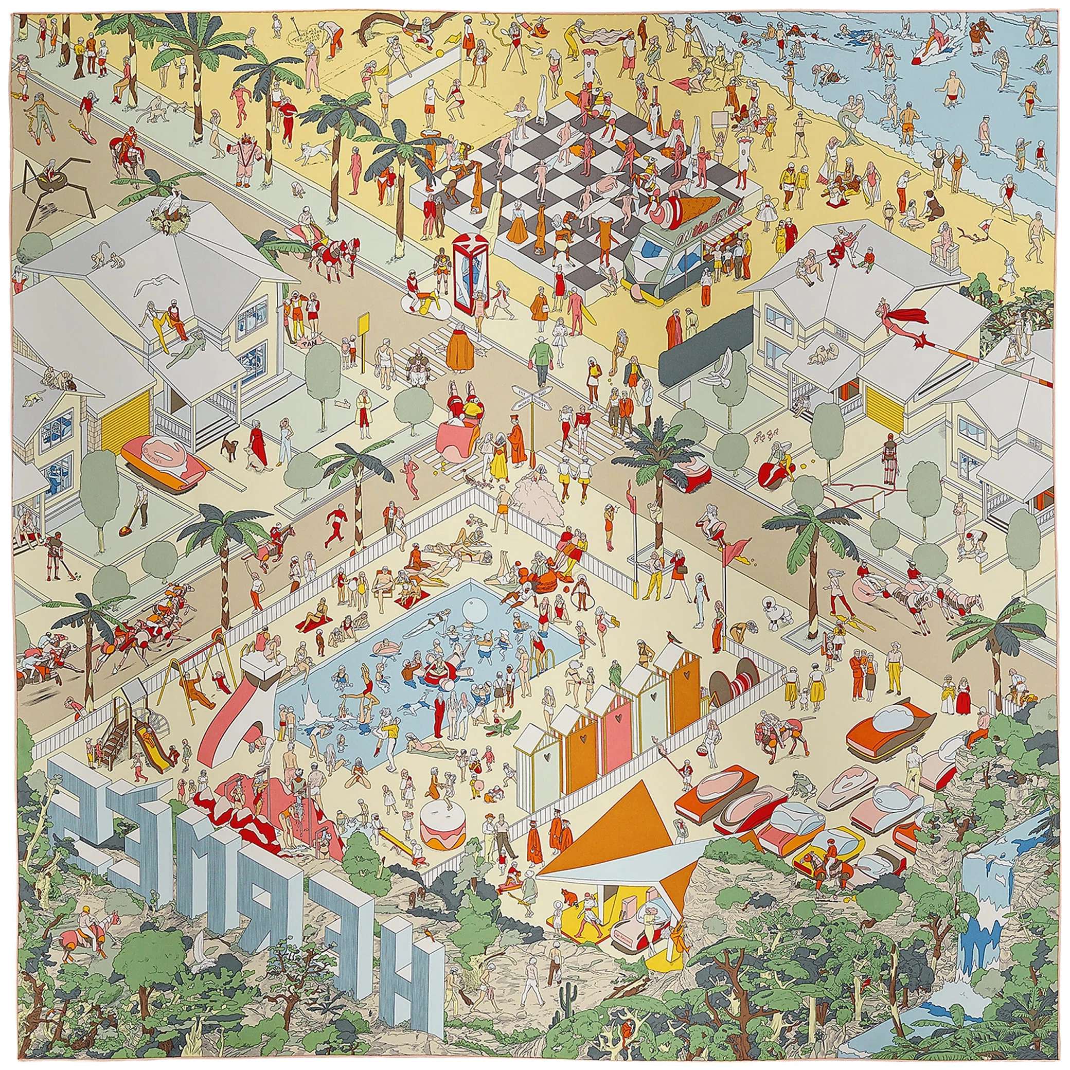 Платки Hermes Hermes On The Beach Scarf 90 "Jaune Pastel / Rose / Bleu / Vert" | Farsel