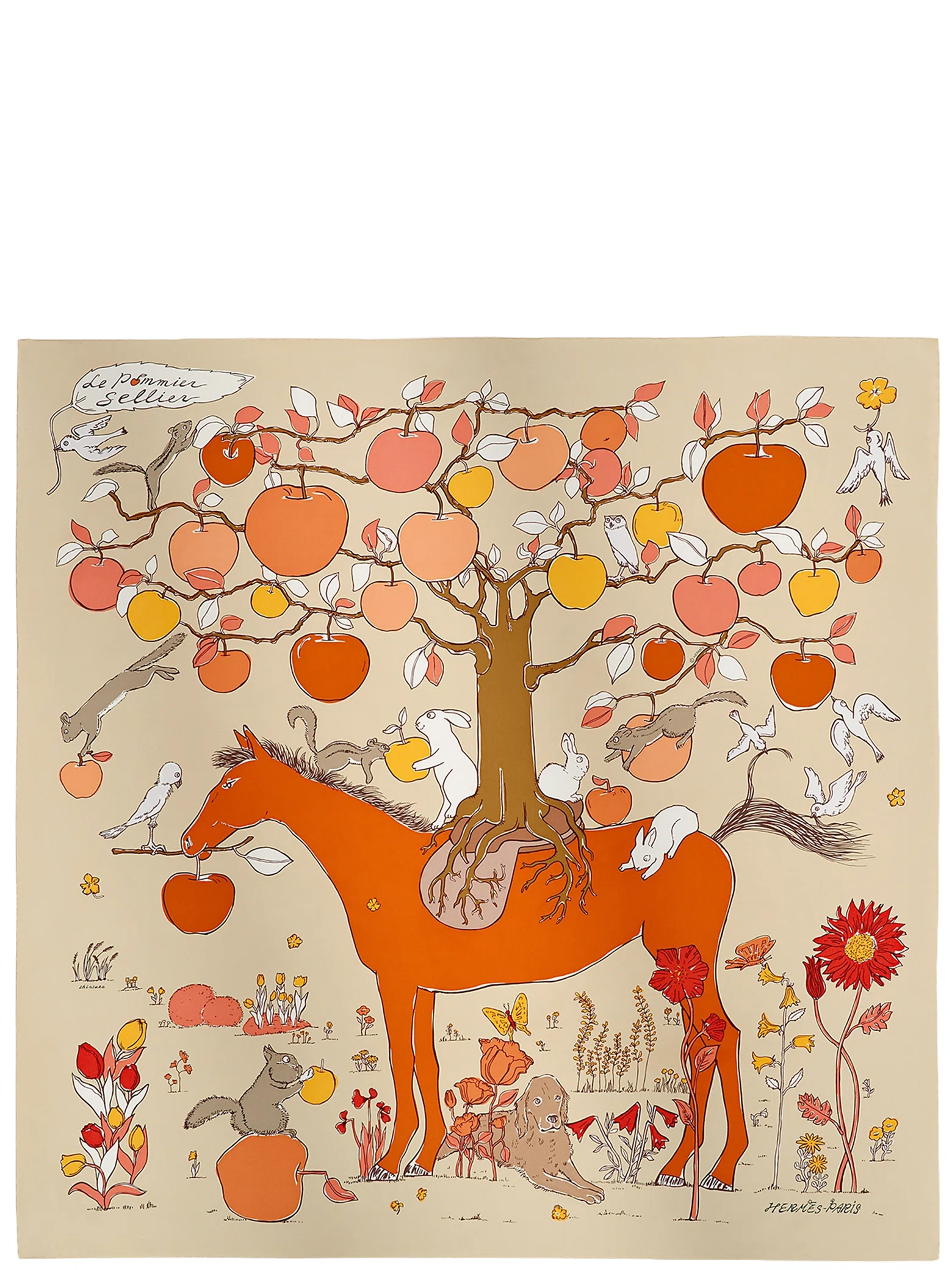 Платки Hermes Le Pommier Sellier Scarf 90 "Beige / Orange Cuit / Blanc" | Farsel