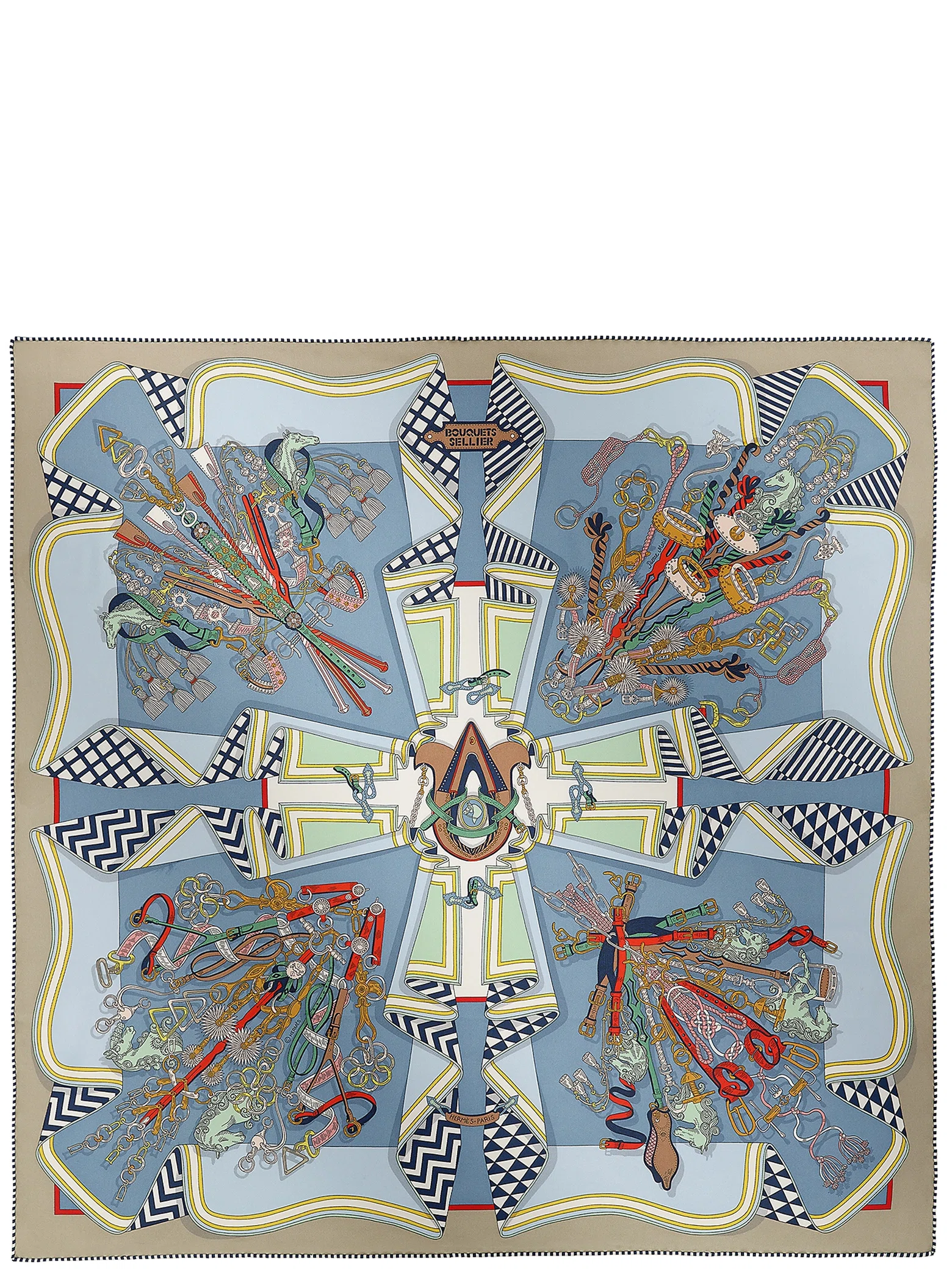Платки Hermes Bouquets Sellier Scarf 70 "Mastic / Bleu / Vert d'Eau" | Farsel