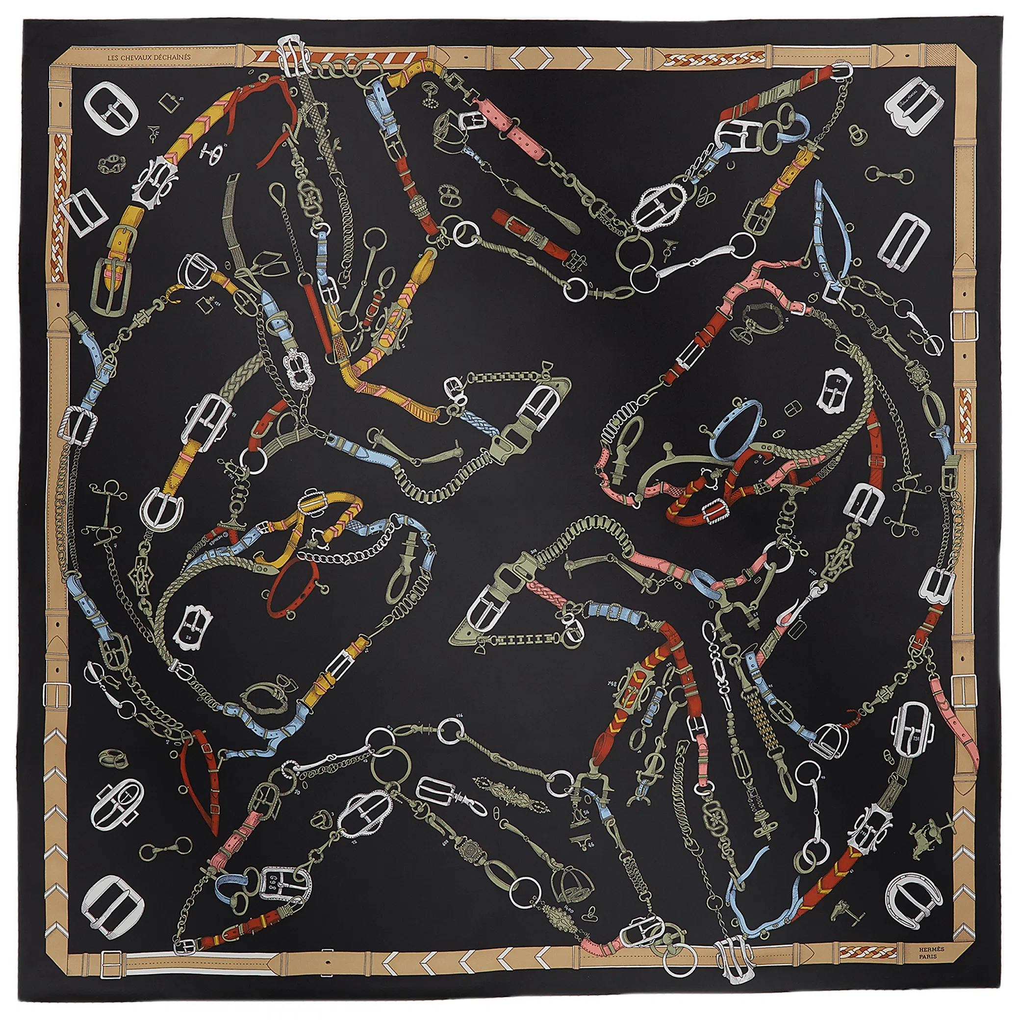 Платки Hermes Les Chevaux Dechaines Scarf 90 "Noir / Kaki / Gris" | Farsel