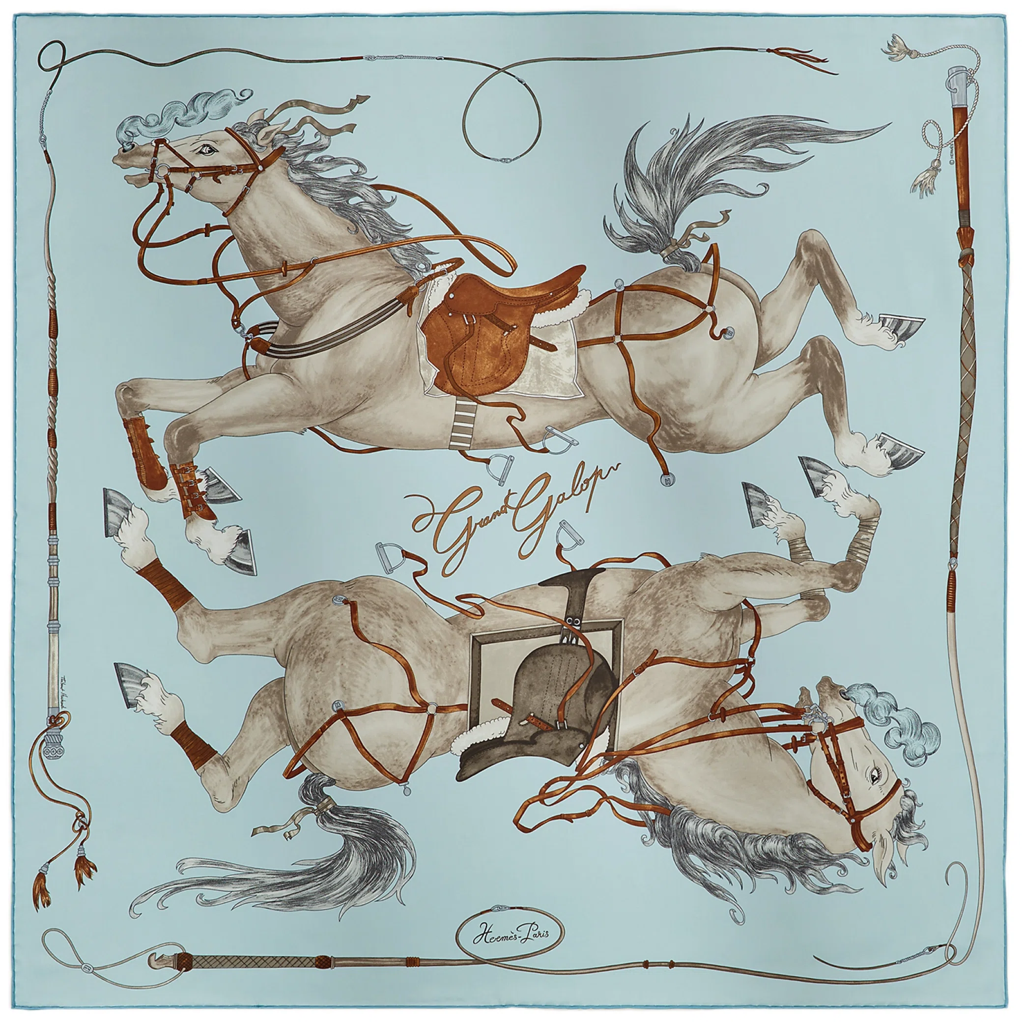 Платки Hermes Grand Galop Scarf 90 "Bleu Ciel / Gris / Cuir" | Farsel