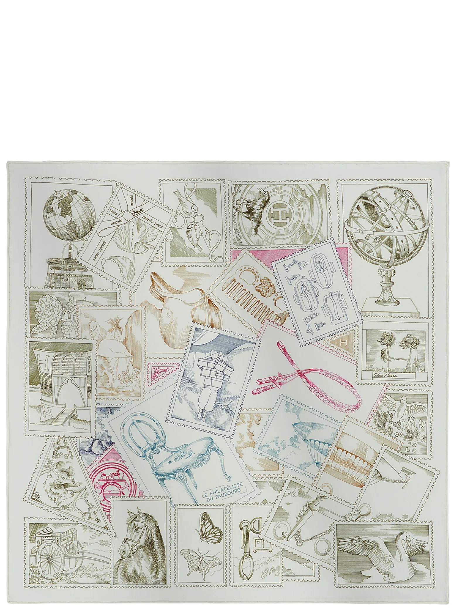 Платки Hermes Le Philateliste du Faubourg Detail Scarf 45 "Blanc / Fuchsia / Kaki" | Farsel