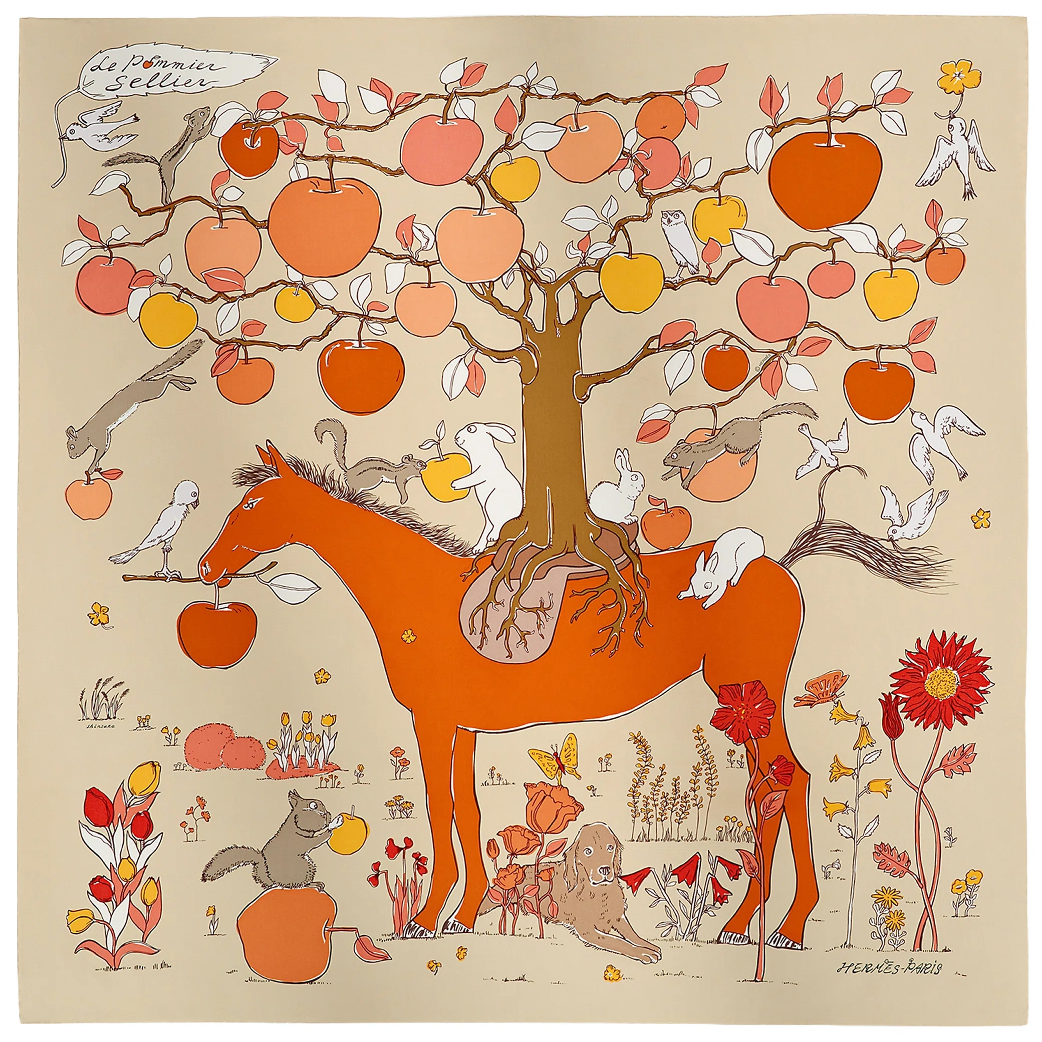 Платки Hermes Le Pommier Sellier Scarf 90 "Beige / Orange Cuit / Blanc" | Farsel