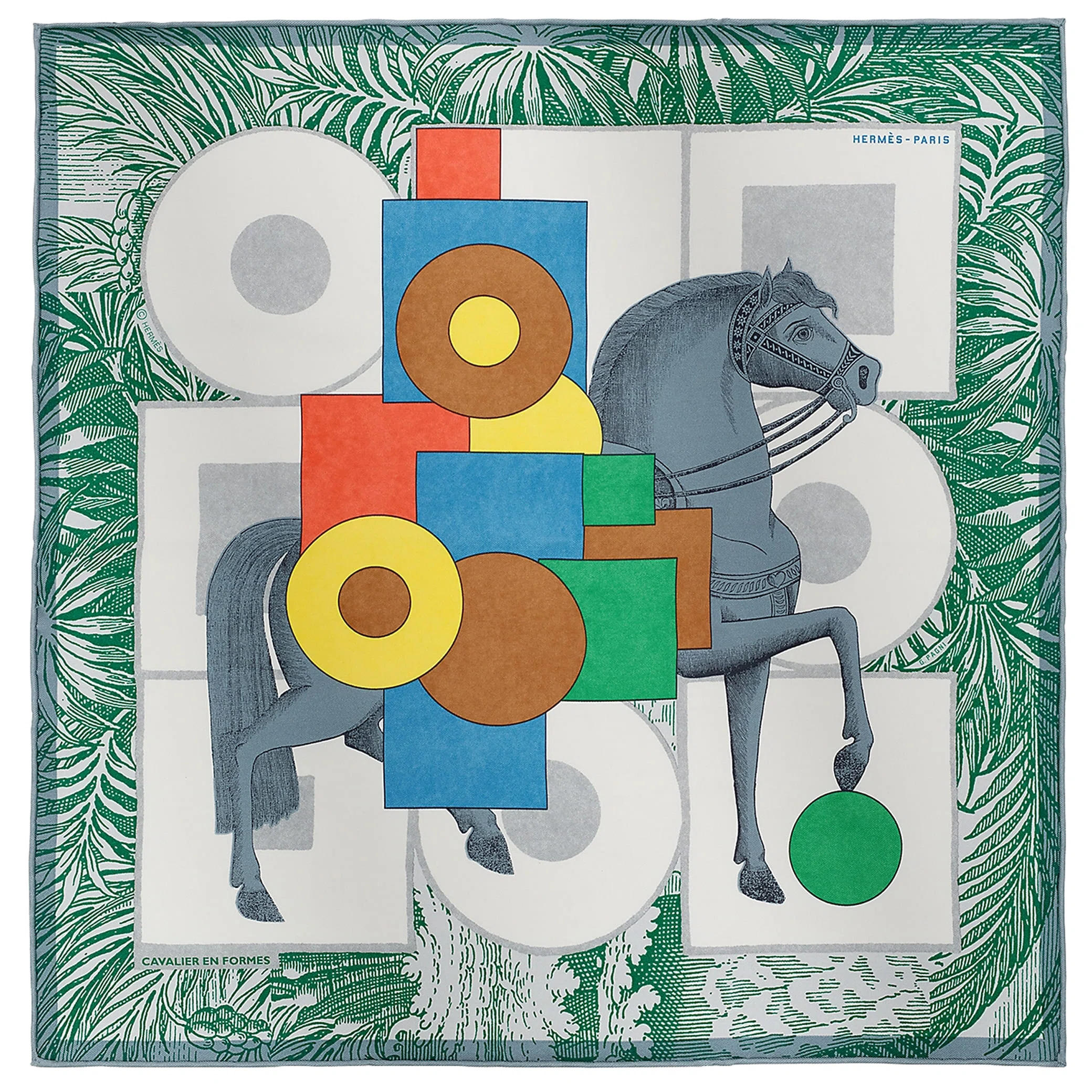 Платки Hermes Cavalier en Formes Scarf 45 "Blanc / Vert / Multicolore" | Farsel